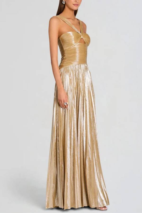 Halter Twist Cutout Metallic Pleated Long Evening Gown