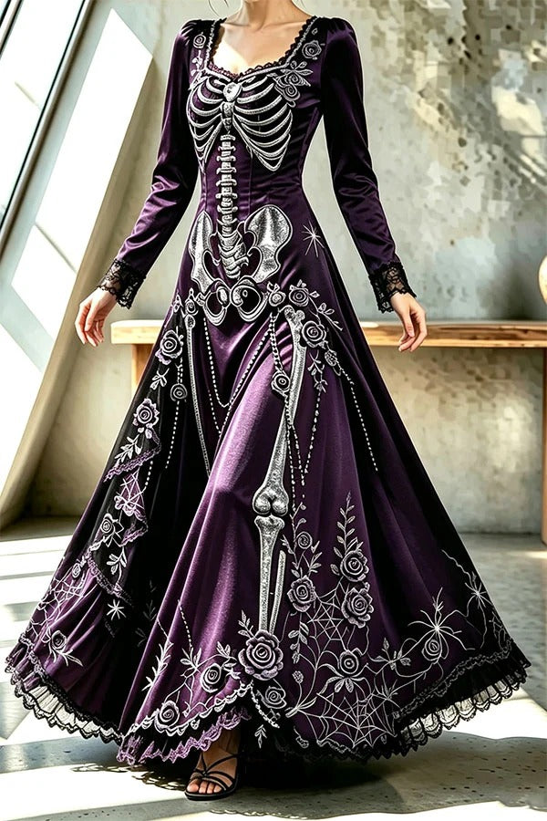 Royal-style Halloween Skull Print Square Neck Long Sleeve Flare Maxi Dress