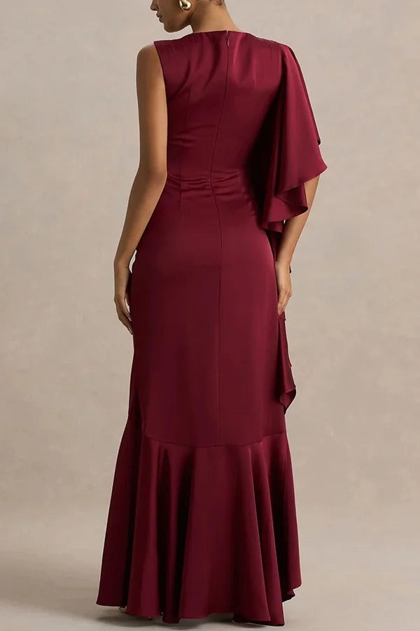 Freya Satin Boat Neck Waterfall Frill Sleeve Drape Maxi Dress