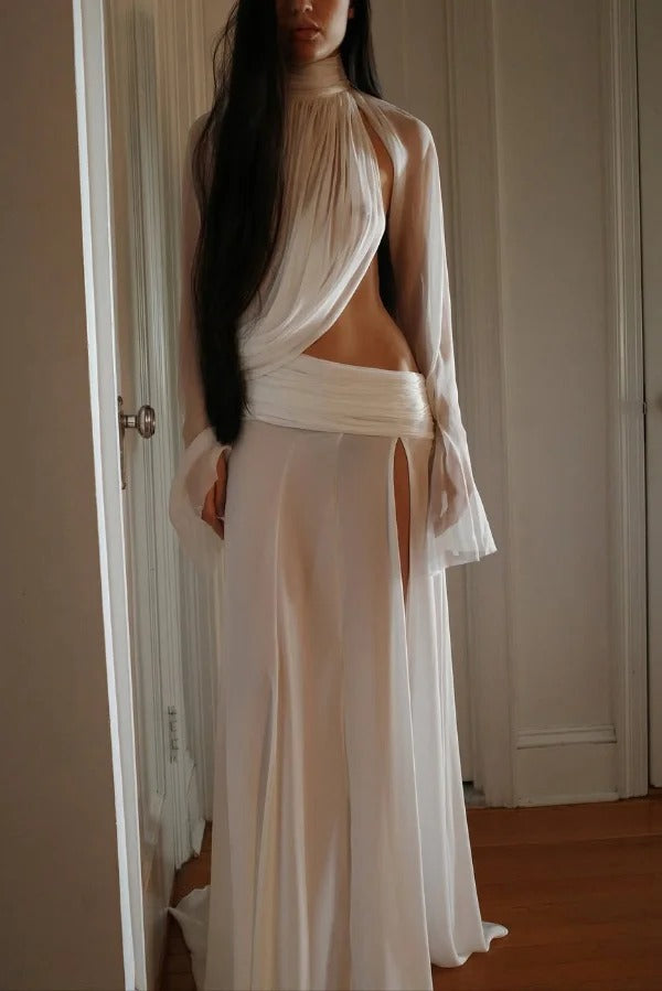 Sexy See-through High-neck Long-sleeved Draped Top and High-waisted Slit Maxi Skirt Vacation Set