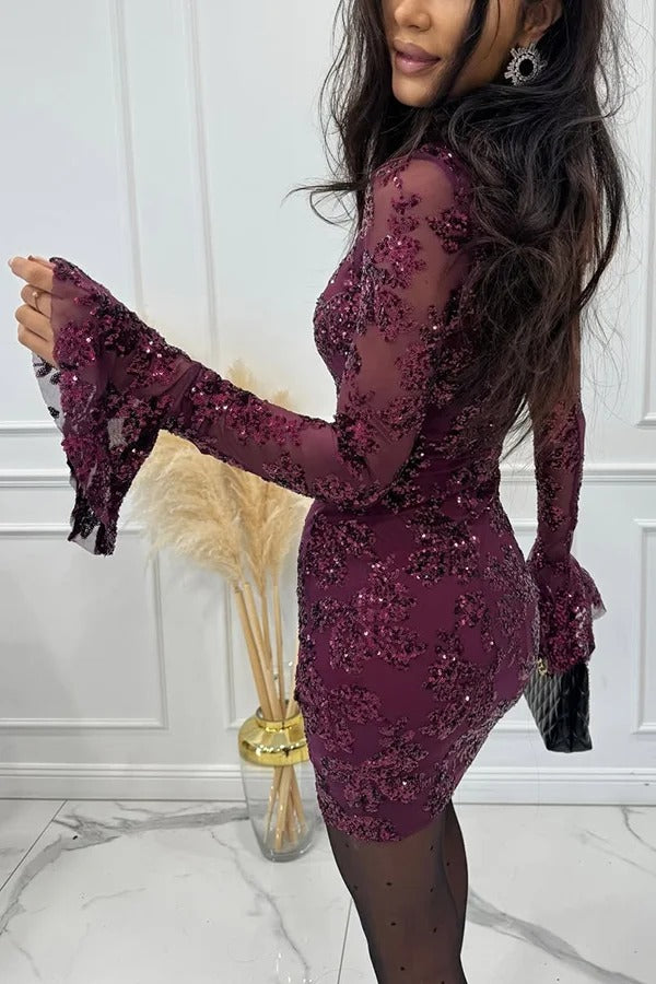 Deep and Dazzling Floral Texture Sequin Long Bell Sleeve Open Back Mini Dress