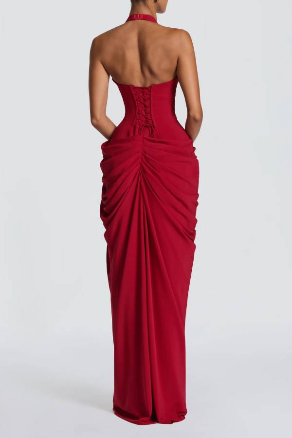 Minette Halter Back Lace-up Asymmetrical Pleats Slit Maxi Dress