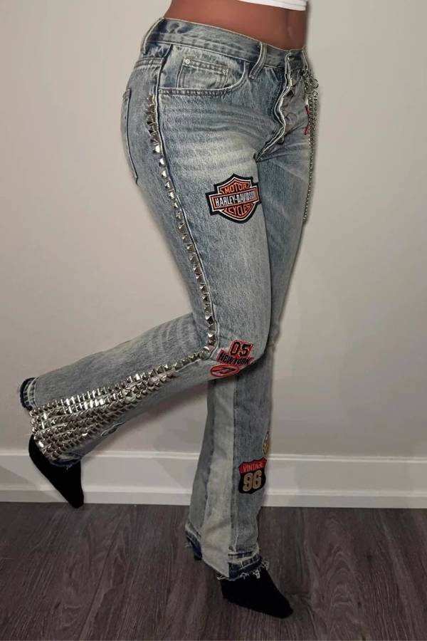 Riveted and Patchwork Flared Jeans