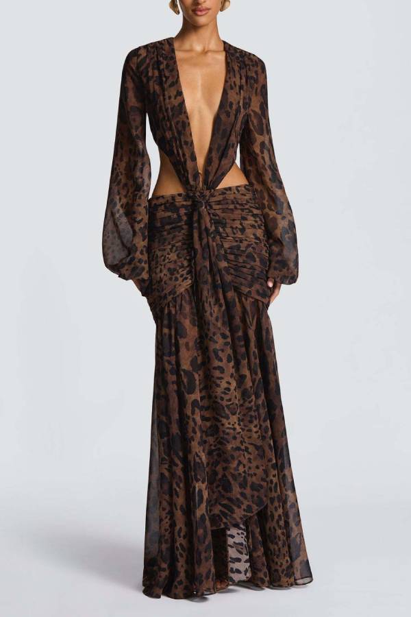 Deep V Lantern Sleeve Chiffon Cutout Maxi Evening Dress