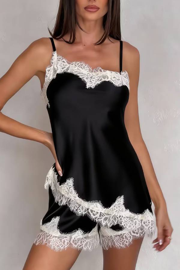 Satin Eyelash Lace Cami Top & Shorts Two Piece Lingerie Pajama Set
