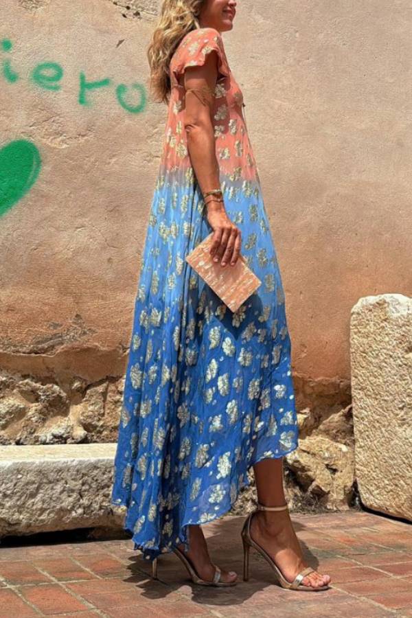 Evaluna Tie Dye Gradient Golden Flower Print Short Sleeve A-line Maxi Dress