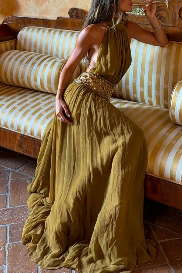 Kreeli Lightweight Tulle High Tie-up Neck Beaded Embellishment Waist Backless Slit Maxi Dress