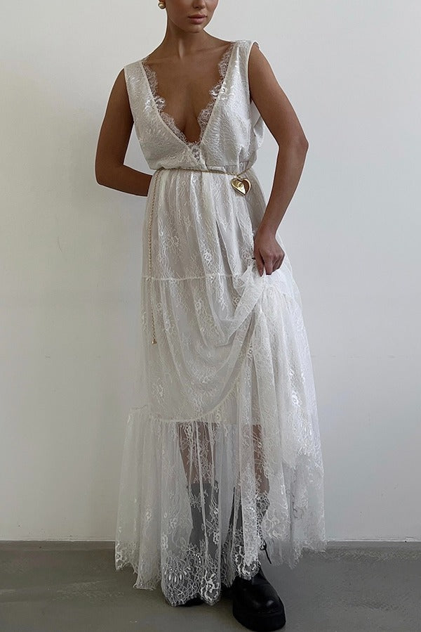 Fashionable Sheer Lace V-neck Backless Elegant Maxi Dress
