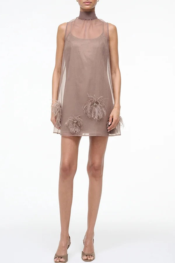 Playful Charm Sheer Chiffon Embellished Feather Back Bow H-line Mini Dress