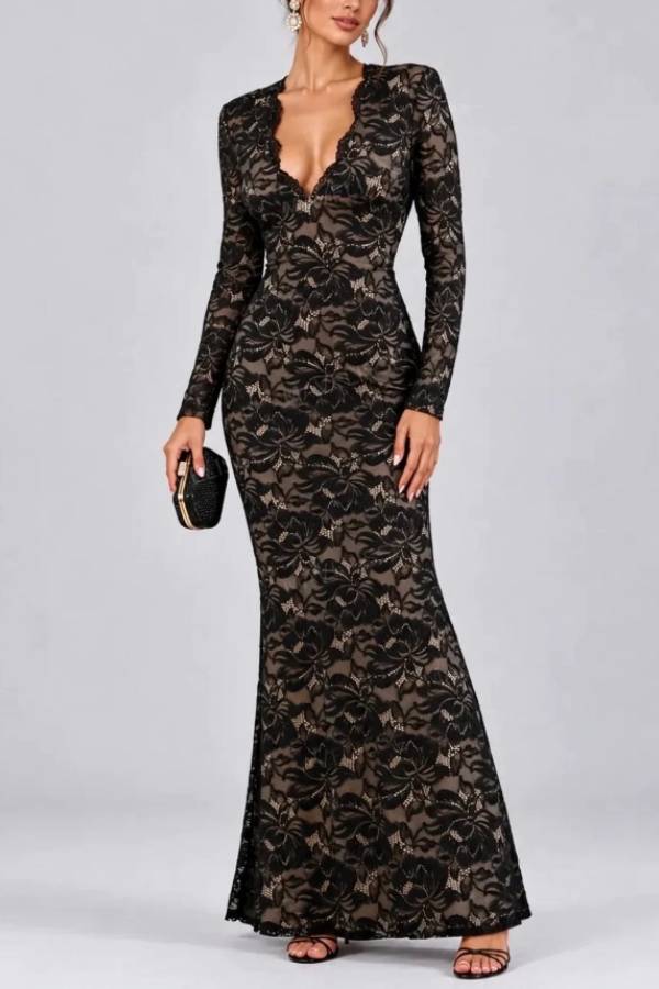 Black Floral Lace Plunge Neck Long Sleeve Maxi Evening Dress