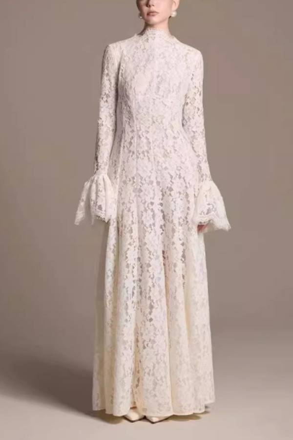High Neck Flare‑Sleeve Lace Long Evening Dress