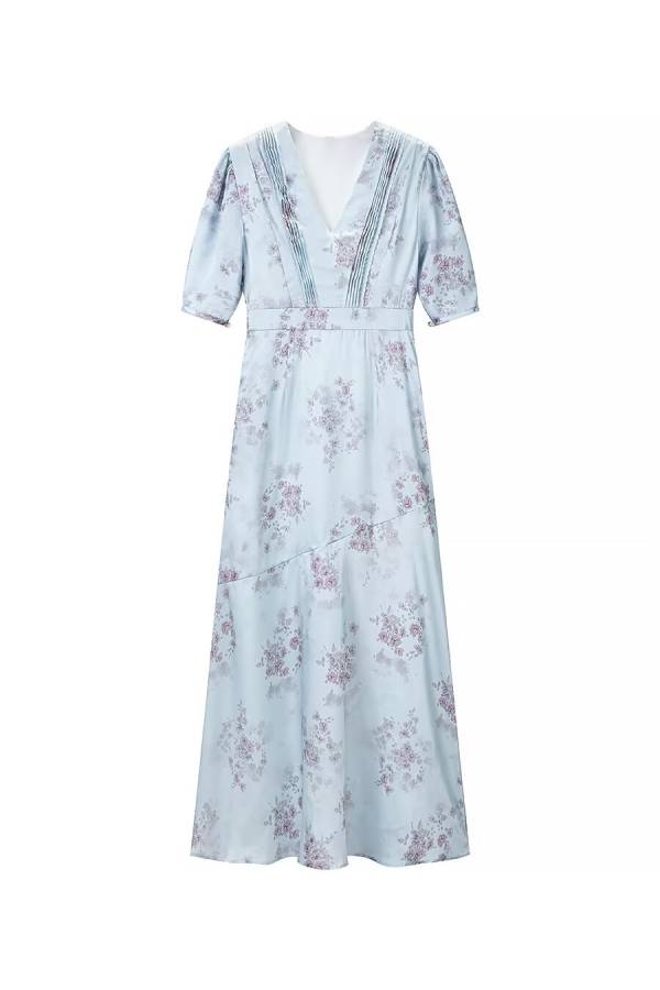 V-Neck Puff Sleeve Floral Midi Mermaid Dress