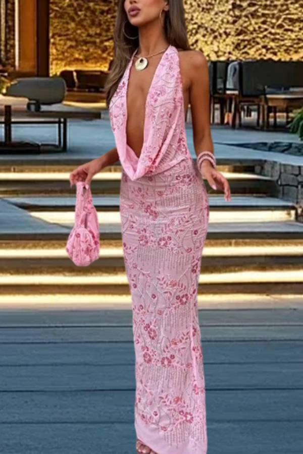 Halter Cowl Neck Rhinestone Floral Mermaid Maxi Dress