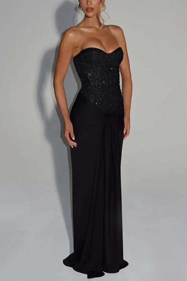 Carina Sequined and Satin Jersey Off Shoulder Ruched Knot Drape Maxi Dress