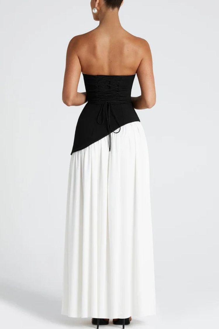 Black and White Contrast Scarf Irregular Slit Maxi Dress