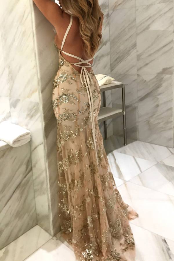 Deep V Spaghetti Strap Gradient Sequin Mermaid Evening Dress