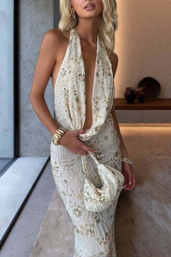 Halter Cowl Neck Rhinestone Floral Mermaid Maxi Dress