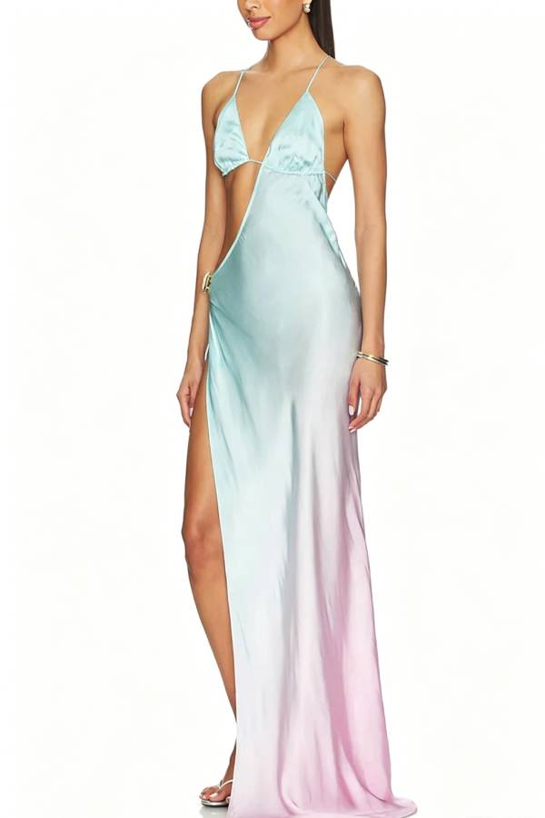 Miami Night Satin Gradient Print Cutout Moonstone Slip Slit Maxi Dress