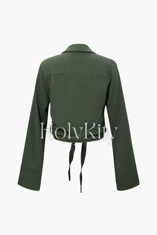 Collar Button Knot Hem Long Sleeve Shirt