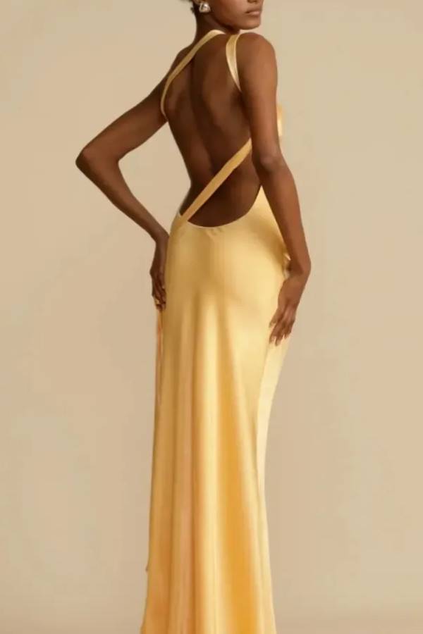 Yellow One‑Shoulder Open‑Back Satin Maxi Evening Dress