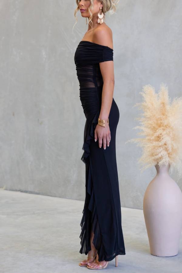 Off Shoulder Sheer Mesh Ruched Ruffle Slit Bodycon Maxi Dress