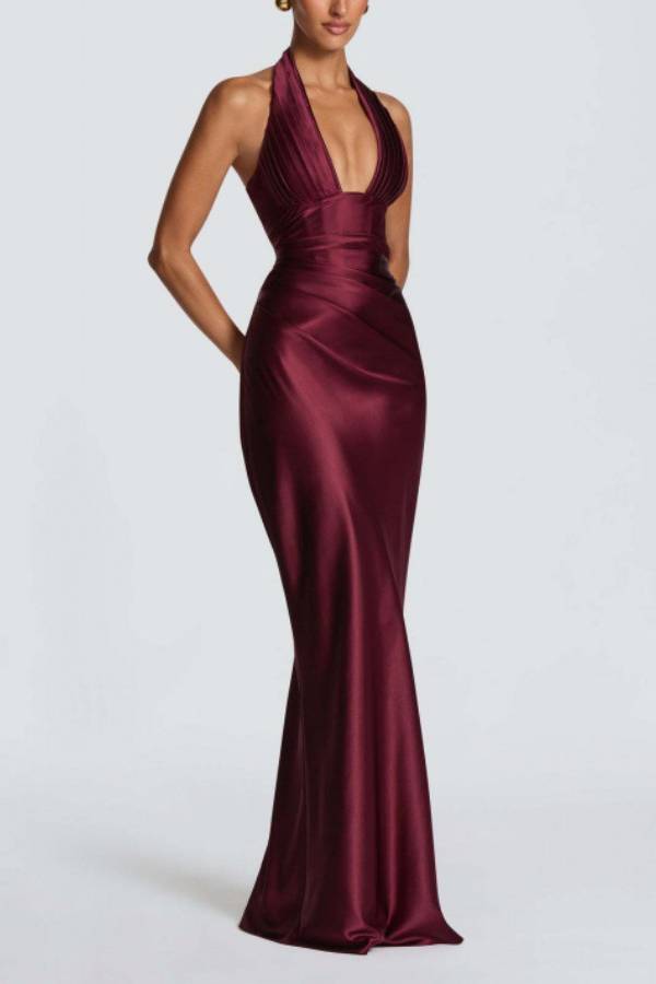 Halter Deep‑V Satin Ruched Mermaid Evening Gown