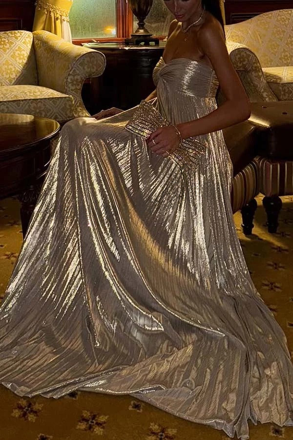 Night Elf Metallic Fabric Pleated Off Shoulder Twist Bust Slit Maxi Dress