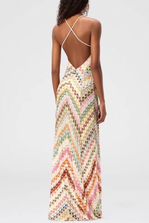 Missoni Summer Knit Colorful Herringbone Print Open Beck Maxi Dress