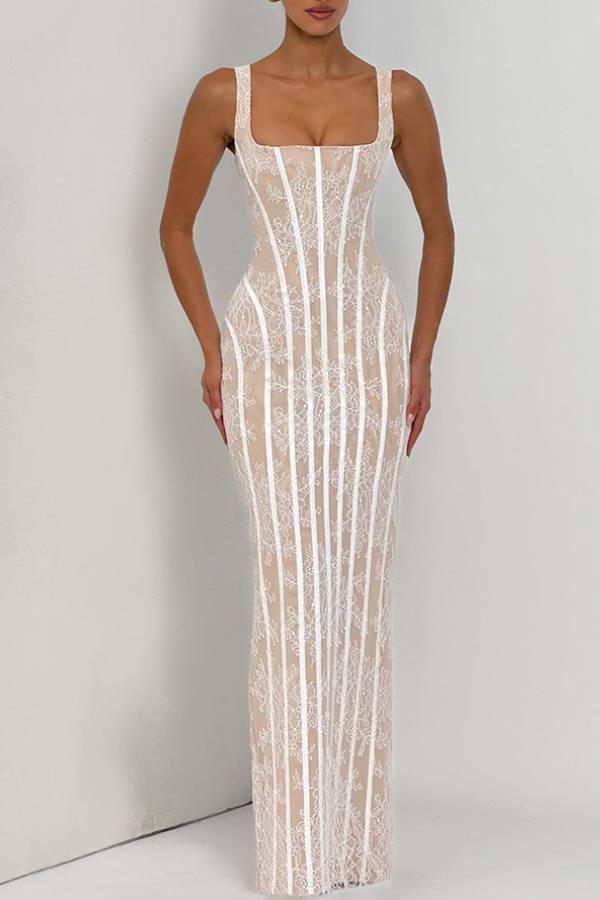 Square Neck Strap Lace Corset‑Style Maxi Evening Dress