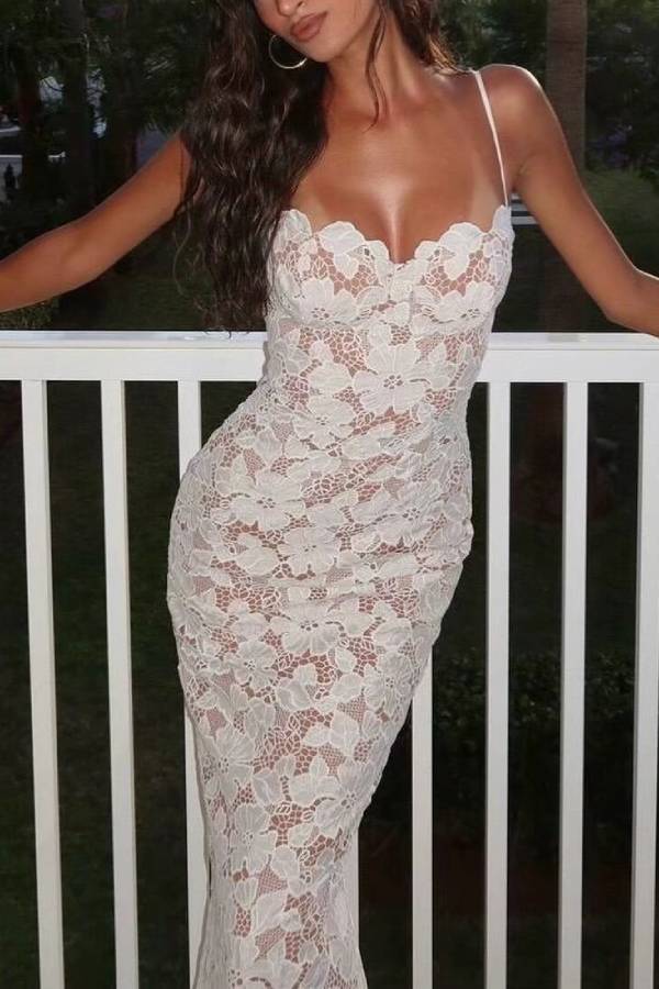 3D Floral Lace Spaghetti Strap Waist-Cinched Tie Maxi Dress