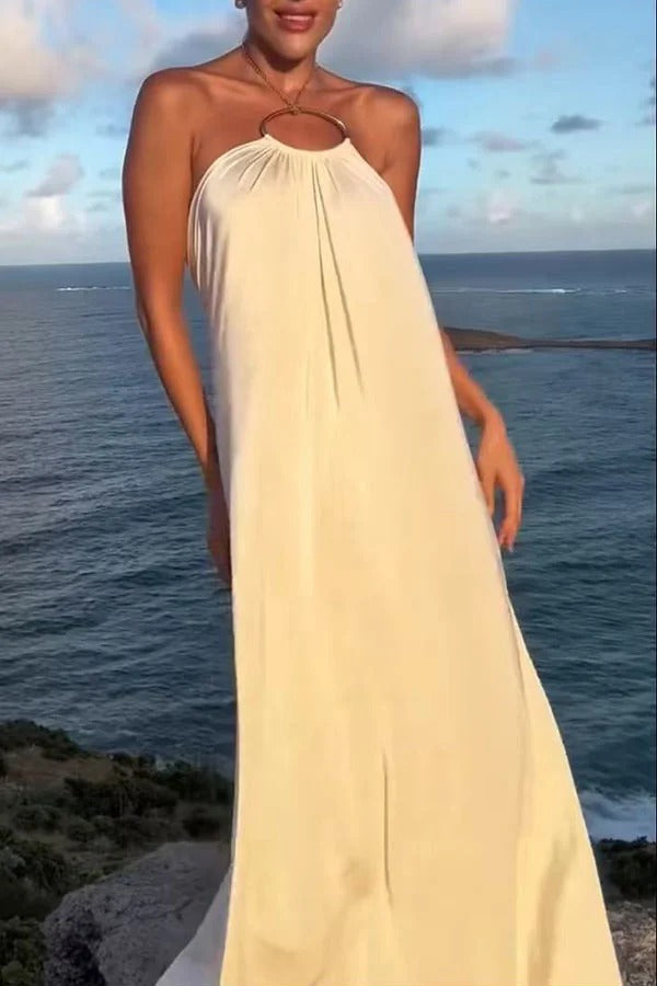 Ocean Goddess Metal Circular Chain Halter Backless Vacation A-line Maxi Dress