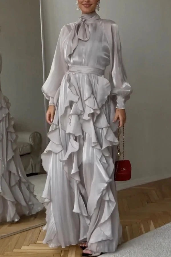 Jessica Shimmering Fabric Tiered Ruffles High Neck Long Sleeve Drape Maxi Dress
