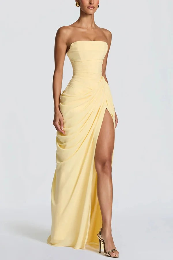 Cyra Chiffon Back Lace-up Asymmetrical Pleats Strapless Slit Maxi Dress