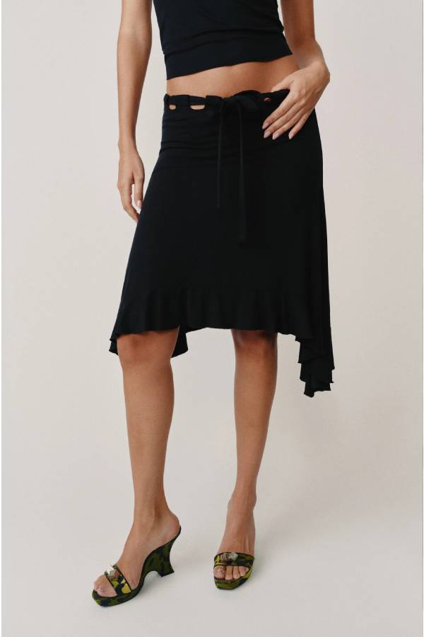 Cutout Waist Tie Irregular Ruffle Hem Midi Skirt
