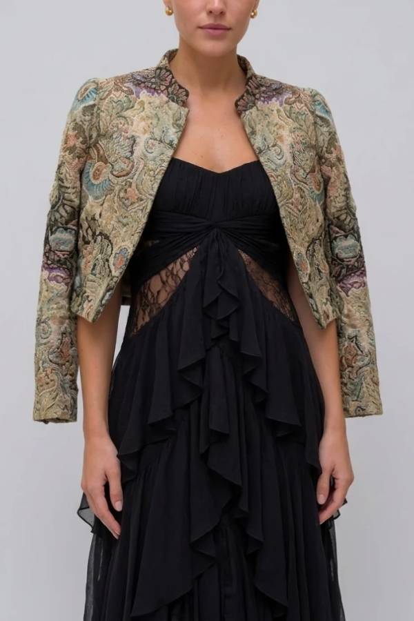 Vintage Brocade Cropped Jacket and Ruffle Maxi Dress Two Piece Set