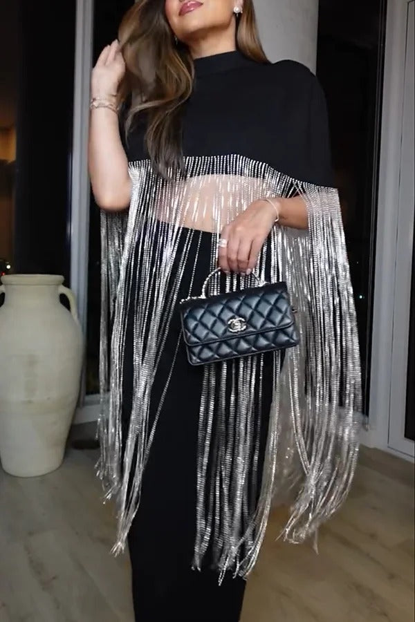 New Level Shiny Tassel Stand Neck Crop Cape Blouse