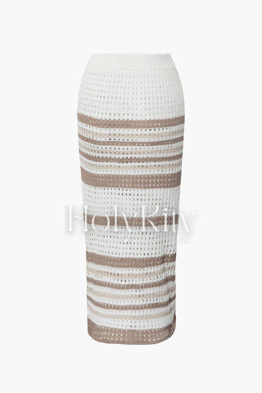 Stripe Openwork Knit Crop Tank Top And Slit Midi Skirt Set