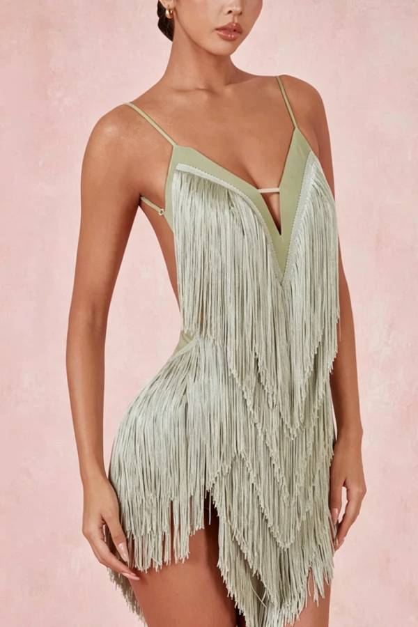 Dancing Sprite V-neck Tiered Tassels Backless Slip Latin Mini Dress