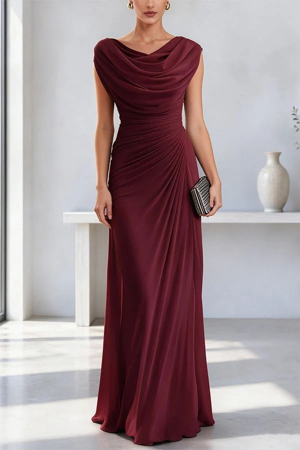 Good To Glow Ruched Chiffon Cowl Neck Drape Maxi Dress