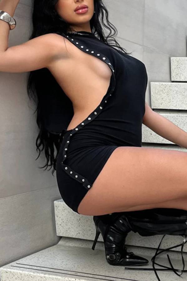 Y2K Studded Side Cutout Sleeveless Bodycon Mini Dress