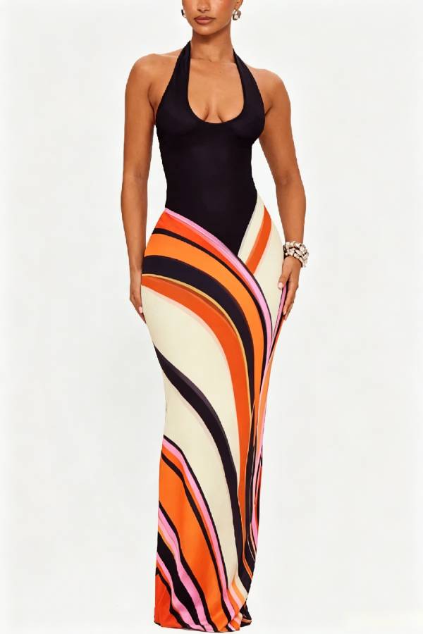 Summer Newness Colorblock Swirl Print Halter Neck Stretch Maxi Dress