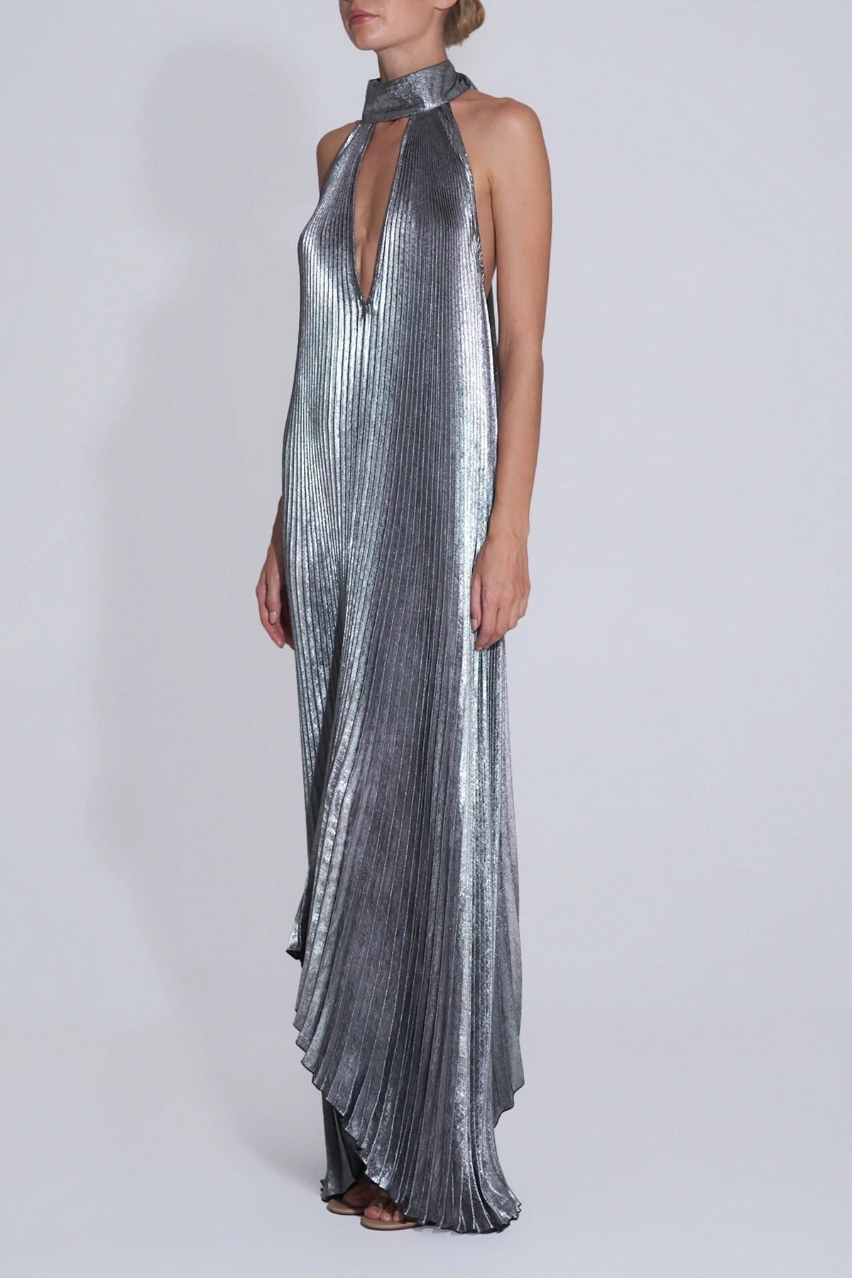 Celebration Party Pleated Metallic Fabric High Deep V-cutout Halter Neck A-line Maxi Dress