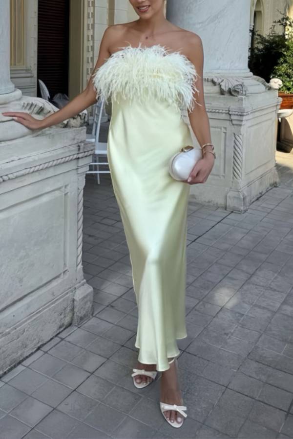 Strapless Feather Satin Mermaid Maxi Dress