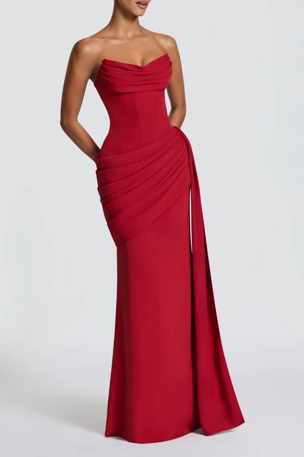 Matisse Strapless Pleated Cowl Overlay Back Lace-up Drape Panel Maxi Dress
