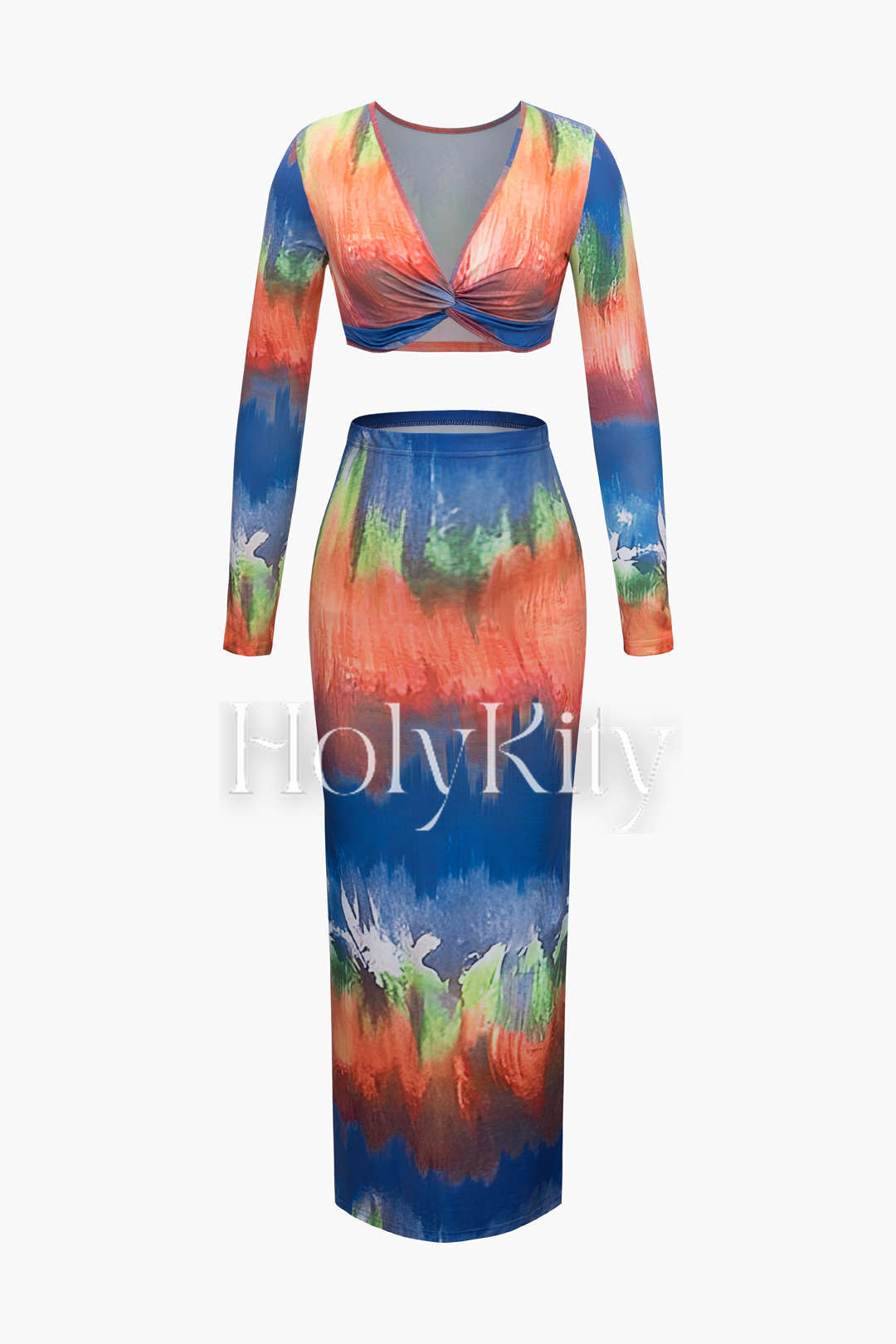 Set aus Crop-Top mit V-Ausschnitt und gedrehter Vorderseite und Maxirock