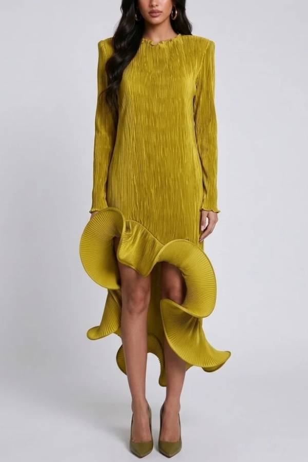 Long Sleeve Pleated High Low Dress with Sculptural Ruffle Hem