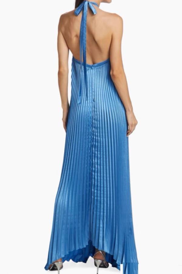 Halter Satin Pleated Maxi Evening Gown