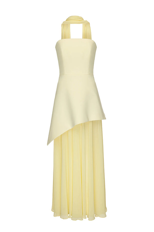 Monaco Off Shoulder Structured Top Chiffon Slit Hem Scarf Maxi Dress