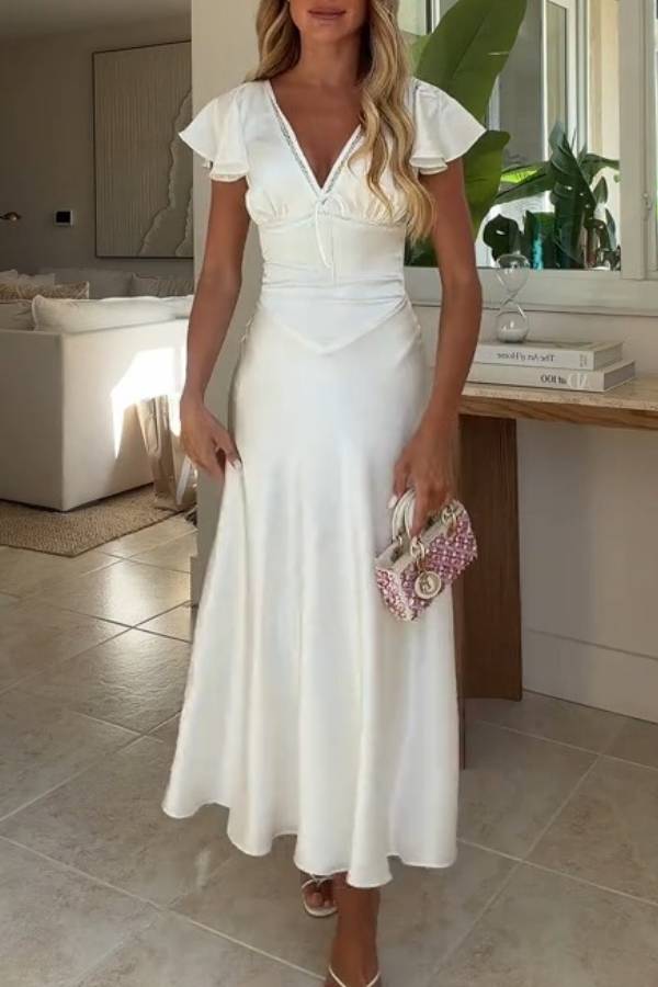 Lace Trim V Neck Flutter Sleeve Satin Midi Dress