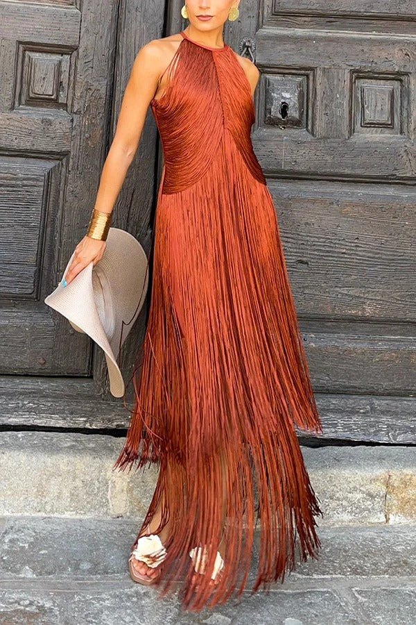 Fashion Sleeveless Halter Neck Elegant Tassel Slim Maxi Dress